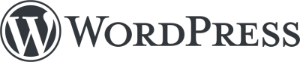 Das WordPress-Logo zeigt ein stilisiertes "W" in einem Kreis, gefolgt von dem Wort "WordPress" in einer fetten Serifenschrift.